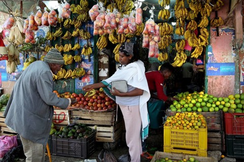 Colourful fruit and vegetable stands at a market in Mekele, Ethiopia, Mekele, Ethiopia