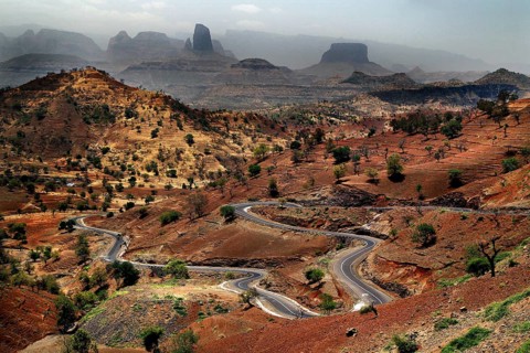 Breathtaking scenery of the Semien Mountains with winding roads and mountains, Semien Mountains,