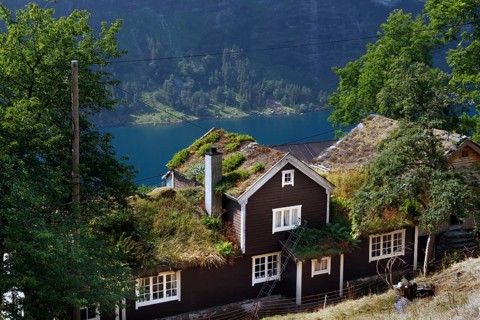 Traditional house with grass roof and views of Geiranger Fjord surrounded by nature,