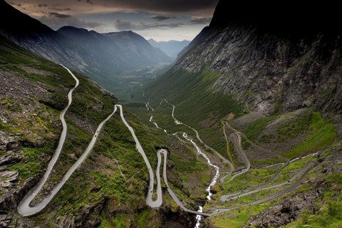 Dramatic serpentine road Trollstigen, snaking through picturesque mountain scenery, Trollstigen,