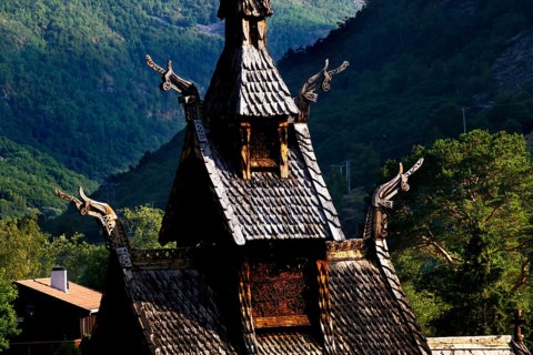 Roof detail of Borgund stave church with ornate dragon heads, Borgund, Vestland, Norway