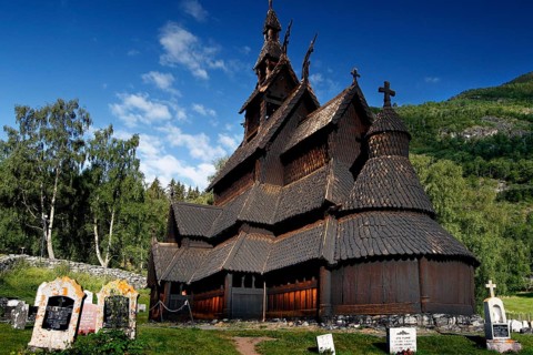 Stave church in Borgund, medieval wooden structure surrounded by nature, Borgund, Vestland, Norway