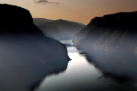 Sunset over Aurlandsfjord, taken from Stegastein in a twilight atmosphere, zero