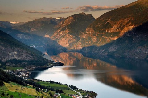 View of Aurlandsfjord from Stegastein in soft morning light, zero