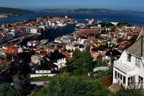 Panoramic view of mountains and archipelago from Fløyen, Bergen, Hordaland, Norway