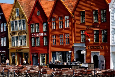 Colourful wooden houses in the Tyskebryggen Hanseatic Quarter in Bergen with lively cafés and