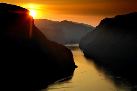 View of Aurlandsfjorden at sunset from Stegastein, Aurlandsvangen, Vestland, Norway