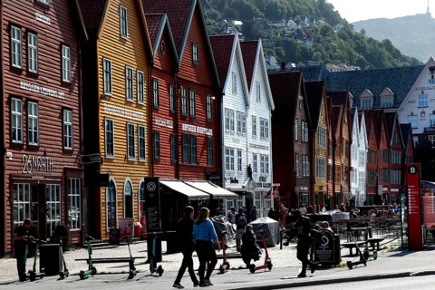 Historic wooden houses in Bergen Hanseatic Quarter in sunny weather, Bergen, Norway