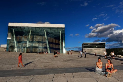 People enjoy sunny day in front of Oslo Opera and Munch Museum, Oslo, Bjøvika, Norway