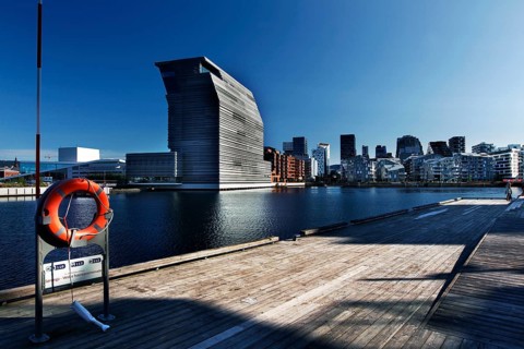 View of the Munch Museum and Oslo skyline on a clear day, Oslo, Bjøvika, Norway