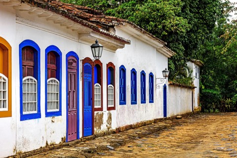 Historic street with colonial style houses in the old city of Paraty in Rio de Janeiro, Paraty, Rio