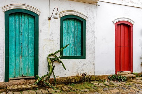 Old house facade with colorful doors and windows in the historic city of Paraty, Paraty, Rio de
