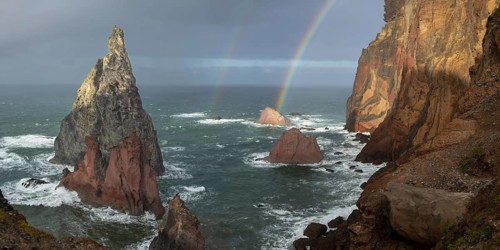 Sunset, rainbow at sea, volcanic peninsula, Ponta de São Lourenço, Ponta de Sao Lourenco, rocky