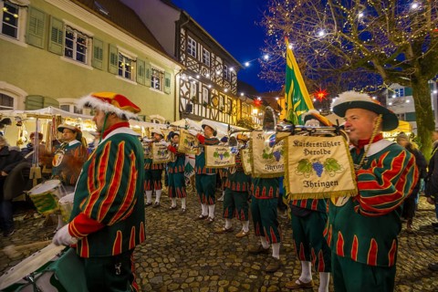 Medieval Christmas market, blue hour, Burkheim, Vogtsburg, Kaiserstuhl, Baden-Württemberg, Germany