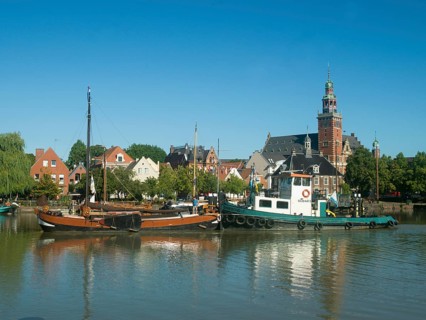 Museum harbour, traditional ships, historic old town, landmark, Alte Waage, town hall, Leer, East