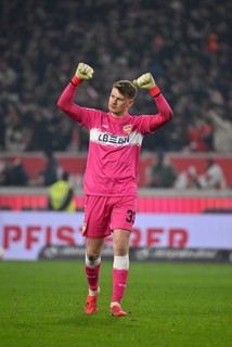 Goalkeeper Alexander Nübel VfB Stuttgart (33) Goal celebration Gesture Gesture MHPArena, MHP Arena