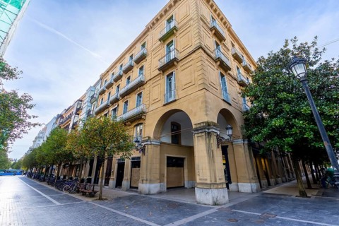 Gipuzkoa square in san sebastian, basque country, with historic facades, wrought iron balconies and
