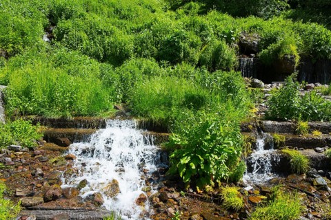 Small waterfall with lush green vegetation and rocky surroundings, Gudauri mineral water spring,
