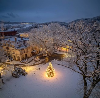 Aerial photos twilight winter theatre park with Christmas tree, Berndorf, Lower Austria, Austria