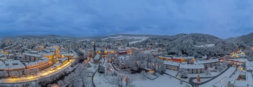 Aerial photos twilight winter Theaterpark Bahnhof and St. Mary's Church, Berndorf, Lower Austria,