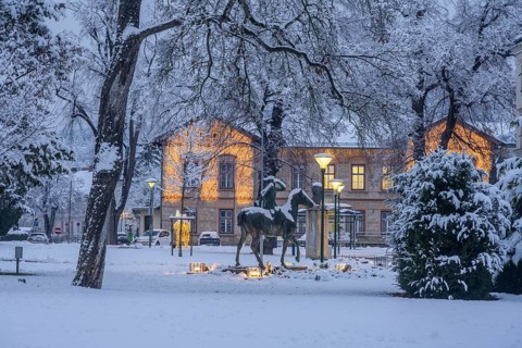 Winter at Theaterpark View of Diana Statue and Municipality, Berndorf, Lower Austria, Austria