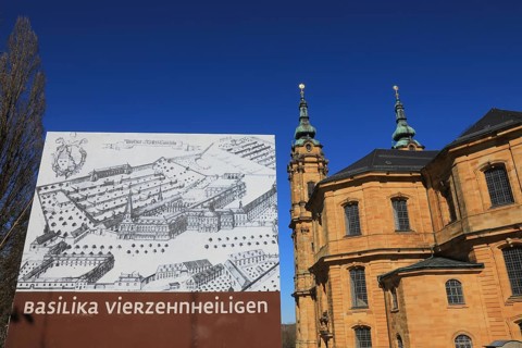 Information board about the history, pilgrimage church Basilica Vierzehnheiligen near Bad