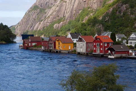 Historical wooden houses in a sleepy village by the river. Summer, Sireåna (Sireåna), Agder, Norway