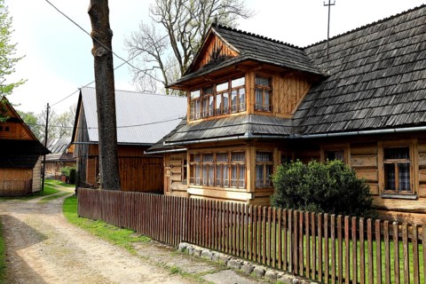 Traditional wooden houses in the village of Chocholow, detail of Podhale-style wooden architecture,