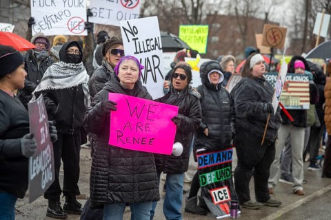 Detroit, Michigan USA - 13 January 2026 - Hundreds of protesters rallied in the rain outside the