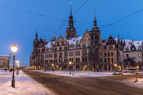 Royal Palace on a winter evening, exterior view with snow, Dresden, Saxony, Germany