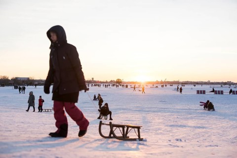 Toboggan hill at sunset on Tempelhofer Feld in Berlin on 11.01.2026