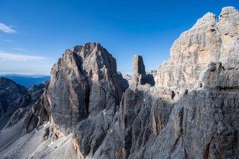 Trail along an exposed rock band on the secured Via Ferrata Bocciere Centrale via ferrata,