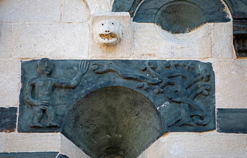 Details on the façade of the Romanesque Pisan church of San Michele de Murato, Bevinco Valley,