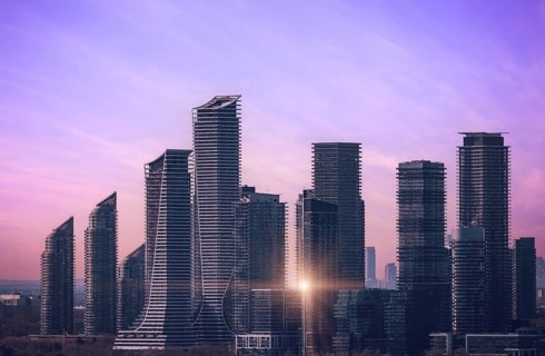 Scenic Etobicoke skyline of newly built condos and businesses near Gardiner Highway and downtown