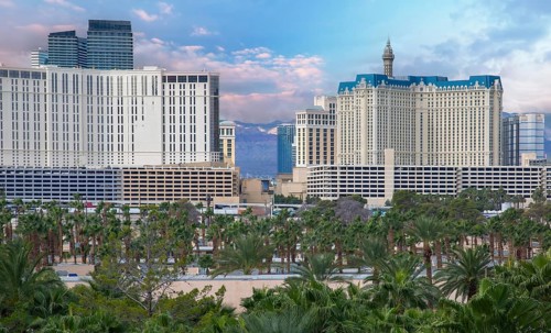 Las Vegas Casino Strip district lined with upscale casino hotels, casinos and famous tourist