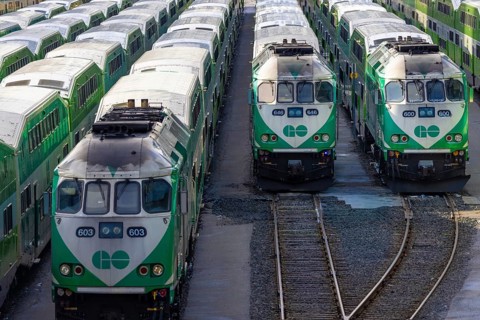 Toronto, Ontario, Canada-June 2, 2025: Toronto Go Train arriving at a platform at Union station