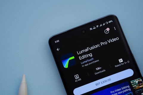 Dhaka, Bangladesh- 29 May 2025: On a blue surface, a smartphone displays the LumaFusion app within
