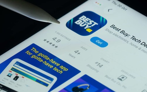 Dhaka, Bangladesh- 30 Oct 2025: Best Buy app on a iPad screen with a pen pointing at the install
