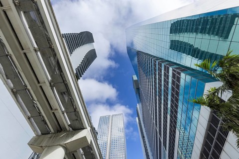 Miami downtown financial skyline and business shopping center near Biscayne bay and South beach