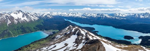 View of mountain landscape with turquoise blue fjord Sadie Cove and Tutka Bay, aerial view, Grace