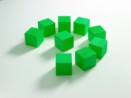 9 green wooden cubes against a white background