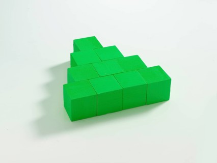 10 green wooden cubes against a white background