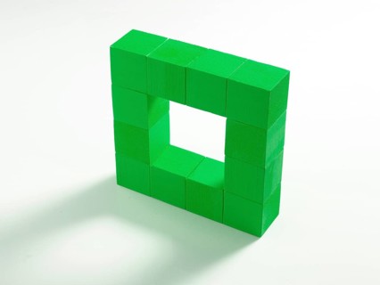 12 green wooden cubes against a white background