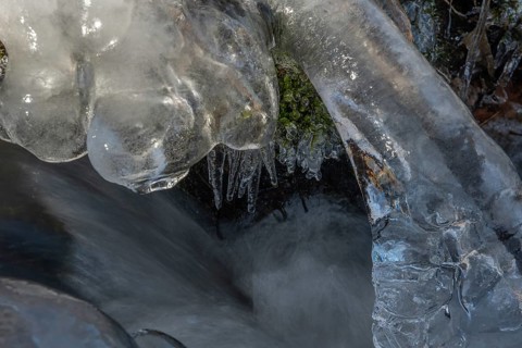 Branches are covered with ice near the river. The water flows gently and forms ice formations on