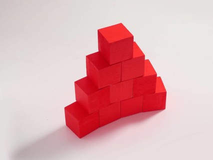 10 red wooden cubes against a white background