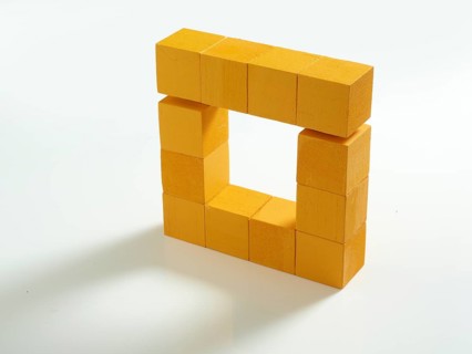 12 yellow wooden cubes against a white background