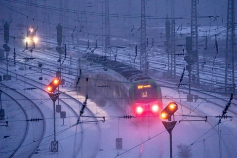 Winter weather, snowfall, regional train train, regional traffic, on the route east, in front of