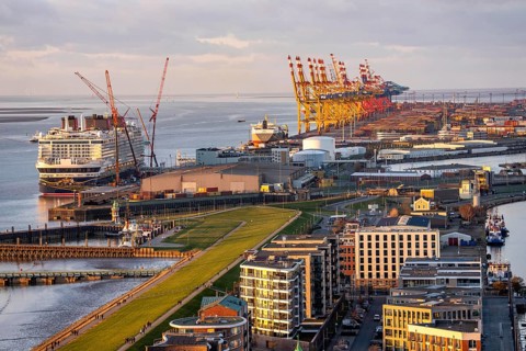 Disney Adventure cruise ship at Bremerhaven Cruise Port, MSC and Eurogate container terminal at