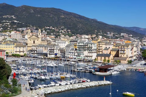 View from the citadel of the old port with marina and church of Saint Jean-Baptiste à Bastia or