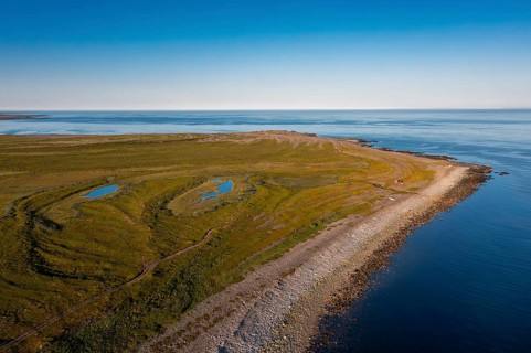 Coastal landscape on Varangerfjord with blue sky, still sea, moors and pebble beach aerial view,